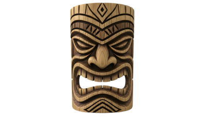 Carved wooden tiki mask with tribal patterns isolated on a transparent background