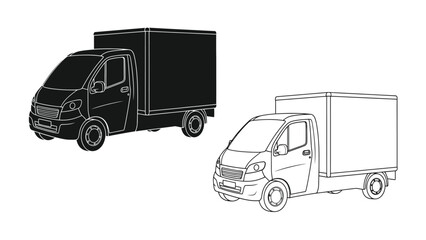 Fototapeta premium Line art depictions of small delivery trucks in contrasting styles