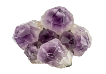Amethyst crystal cluster isolated PNG on transparent background, purple gemstone mineral for jewelry design and spiritual healing