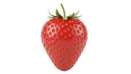 A single perfectly ripe red strawberry with vibrant green leaves on a stark black background