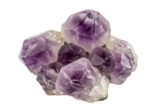 Amethyst crystal cluster isolated PNG on transparent background, purple gemstone mineral for jewelry design and spiritual healing