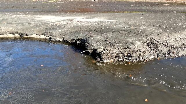 Aerial tracking left along exposed riverbank eroded by stream, layers of vegetative matter and mud