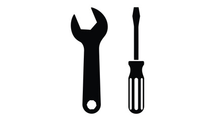 Simple black and white illustration of a wrench and a flathead screwdriver