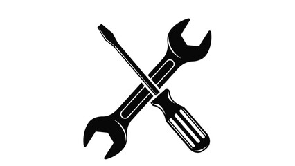 A crossed screwdriver and wrench simple black and white tool icons