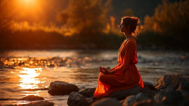 spiritual woman in orange dress meditating near by river at sunrise. second chakra sacral energy svadhisthana activation