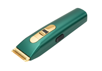 Green and gold hair clipper isolated PNG on transparent background, professional grooming tool for barbers and personal care