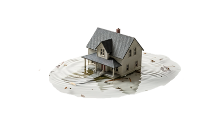 Miniature Home Model Submerged in Water, Illustrating Flood Damage and the Critical Importance of Property Insurance Against Natural Disasters and Water-Related Calamities