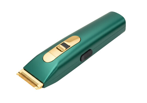 Green and gold hair clipper isolated PNG on transparent background, professional grooming tool for barbers and personal care