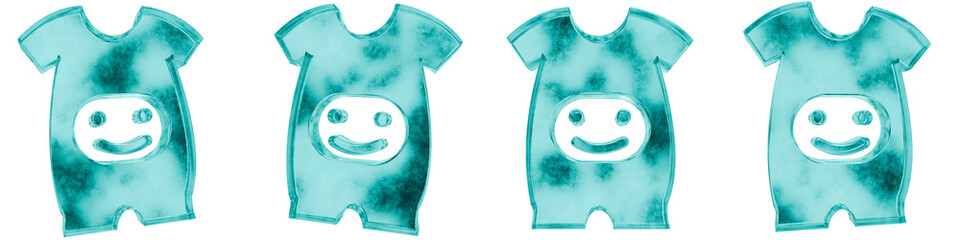 Set of four 3D baby romper shapes in frosted blue ice glass style, isolated on a transparent background. Glassmorphism icons and 3D elements for modern graphic design.
