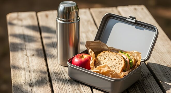 Healthy workers lunchbox with a fresh sandwich, apple, and thermos on a rustic wooden table for a nutritious meal concept outdoors.