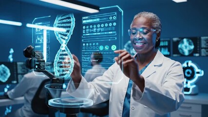 Scientist examining DNA helix on futuristic holographic display in modern laboratory