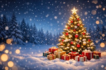 Magical Christmas Tree in Snowy Winter Forest with Golden Holiday Lights, Star Topper, Festive Ornaments and Gift Boxes Under Falling Snow &ndash; Warm Celebration Atmosphere