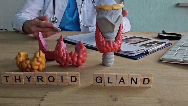 Discussing the thyroid gland in a medical setting with models and written materials