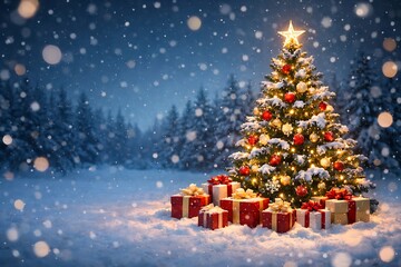Magical Christmas Tree in Snowy Winter Forest with Golden Holiday Lights, Star Topper, Festive Ornaments and Gift Boxes Under Falling Snow &ndash; Warm Celebration Atmosphere