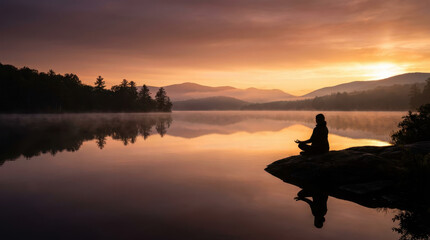 A solitary figure meditates by a tranquil lake at sunrise, with mist clinging to distant mountains.
