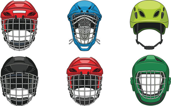 Protective sports helmet illustration set with face cage designs for hockey, lacrosse, baseball and safety equipment icons collection