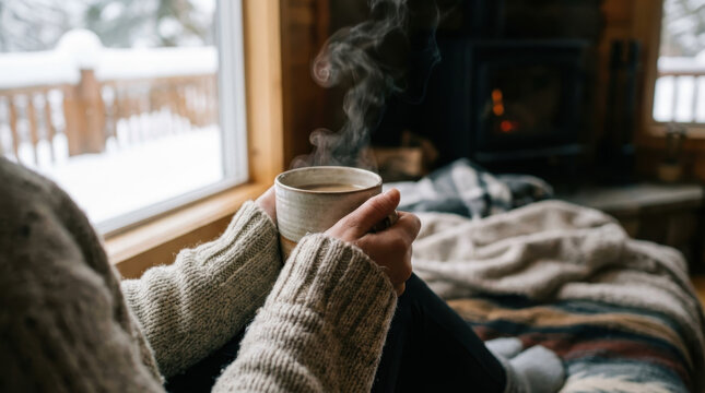 A person holding a warm mug of coffee by a window with a snowy landscape outside and a fireplace in the background.