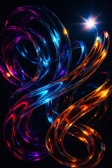 Abstract Blue and Gold Glass Swirl with Glowing Particles and Light