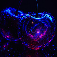 Electric Blue Interstellar Cherries with Glowing Celestial Core and Stars