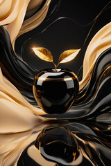 Premium Black Glossy Apple with Golden Leaf on Abstract Dark Silk Wave