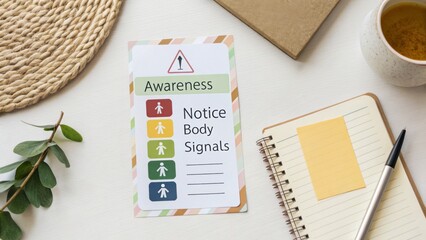 Card with the word Awareness and icons representing body signals, placed on a desk with office supplies.