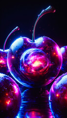 Ethereal Galaxy Fruit with Violet Glowing Core and Cosmic Water Droplets