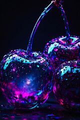 Pair of Surreal Purple Cherries with Nebula Galaxy Texture and Magical Glow
