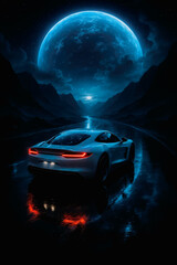 Rear Perspective of White Concept Car on Dark Road with Massive Lunar Background