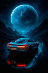 Futuristic White Supercar Front View Under Giant Full Moon in Night Mountains