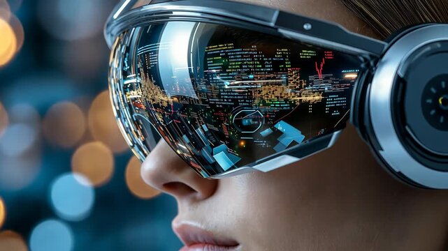 A close-up of a woman wearing augmented reality glasses displaying futuristic cityscapes and data interfaces. 4k Video footage.