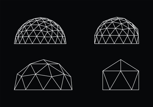 Geodesic Domes Vector Illustration.  Set of Four Architectural Dome Structures Isolated on Black Background