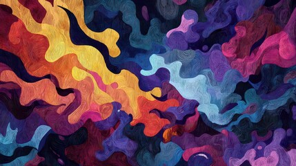 Abstract Colorful Organic Shapes Pattern with Wavy Edges in Warm and Cool Tones on Dark Background