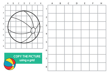 Kids worksheet with a cute beach ball character. Copy the picture using a grid activity for children. Black and white line art with empty grid for drawing practice, learning, education and fine motor 