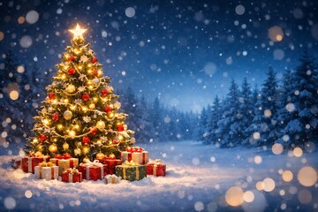 Magical Christmas Tree in Snowy Winter Forest with Golden Holiday Lights, Star Topper, Festive Ornaments and Gift Boxes Under Falling Snow &ndash; Warm Celebration Atmosphere