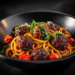 Gourmet spaghetti with meatballs in rich tomato sauce served in black bowl with fresh herbs and cherry tomatoes