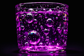 Macro shot of purple carbonated liquid with vibrant rising bubbles in a glass