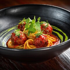 Premium Italian spaghetti and beef meatballs with tomato sauce presented in modern black restaurant bowl