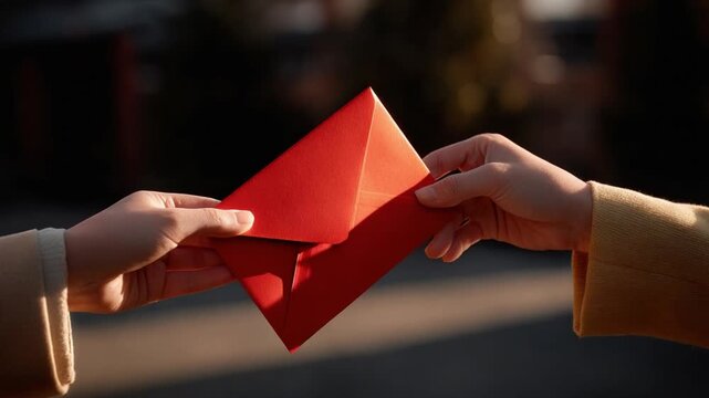 close-up of hands exchanging red envelopes during Lunar New Year, shallow depth of field, warm golden light, cultural tradition, minimal background