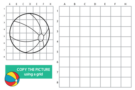 Kids worksheet with a cute beach ball character. Copy the picture using a grid activity for children. Black and white line art with empty grid for drawing practice, learning, education and fine motor 