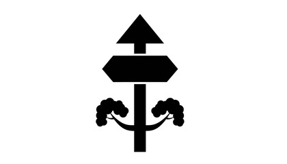 Black and white illustration of a stylized tree with a directional sign and an arrow pointing upwards, symbolizing growth and guidance.