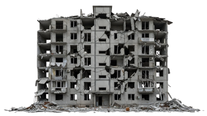 War-torn multi-story apartment building, severely damaged with exposed interiors and debris, symbolizing urban destruction and the grim consequences of conflict