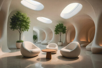 Sleek futuristic architecture interior with circular portals and scenic outdoor view