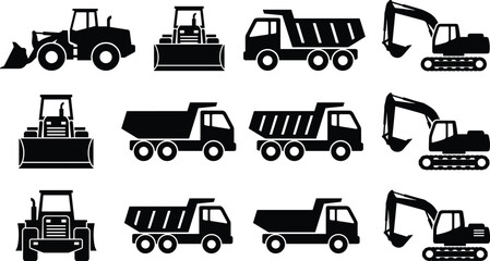 Construction vehicle silhouettes set, excavator bulldozer dump truck loader icons, heavy machinery equipment vector illustration isolated white background