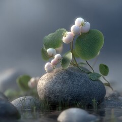 Delicate Pink Flowers On A Stone By A Stream