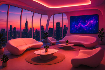 Futuristic penthouse lounge with pink neon glow and panoramic sunset city skyline
