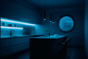 Modern sci-fi kitchen interior with vibrant blue neon lighting and minimalist style