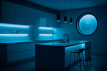 Futuristic underwater kitchen design with blue neon accents and round sea view window