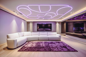 Futuristic white lounge interior with pink neon light strips and minimalist furniture