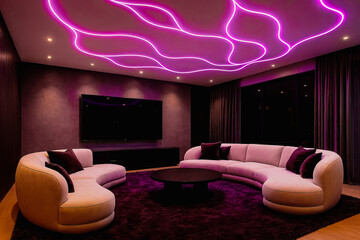 Modern dark room interior with wavy pink neon lighting on ceiling and minimalist decor