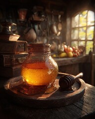 Golden Honey Jar In Rustic Kitchen Setting
